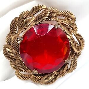 Vintage Red Glass Brooch Gold Leaf Frame Prong Set 1950s Statement
